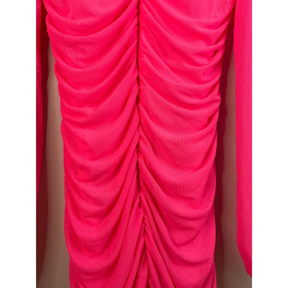 MEROKEETY Hot Pink Long Sleeve Square Neck Mesh Bodycon Midi Dress Size M 8-10 - Picture 12 of 15